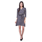 Blue cotton blend knee-length v-neck dress with 3-4 sleeves for women
